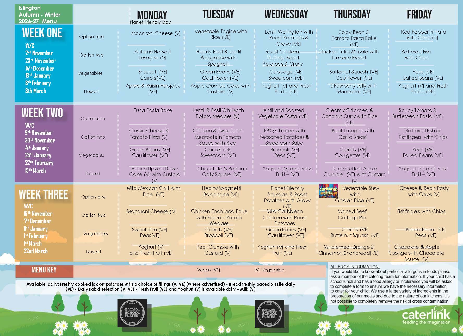 Islington Primary Menu With Dates Autumn Winter 2026 27
